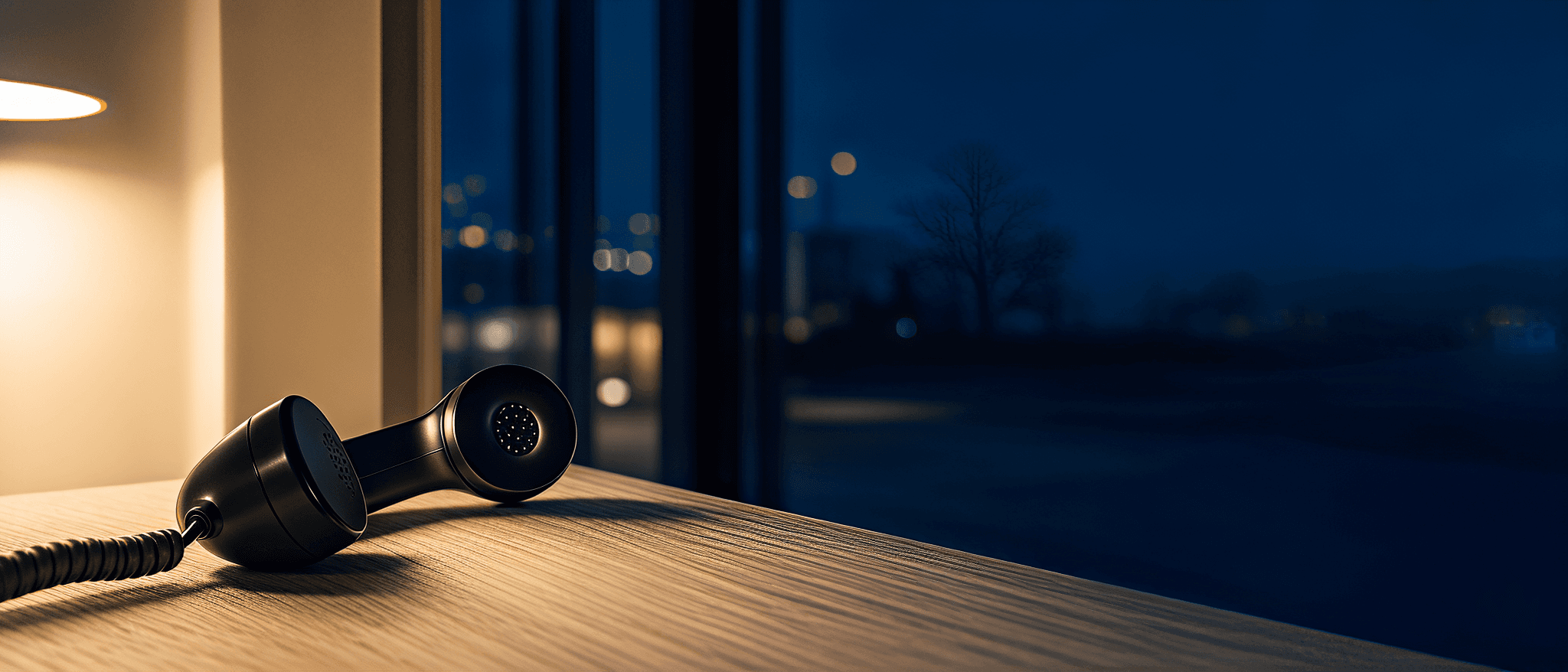 A telephone handset lying off the cradle on a reception desk after dark